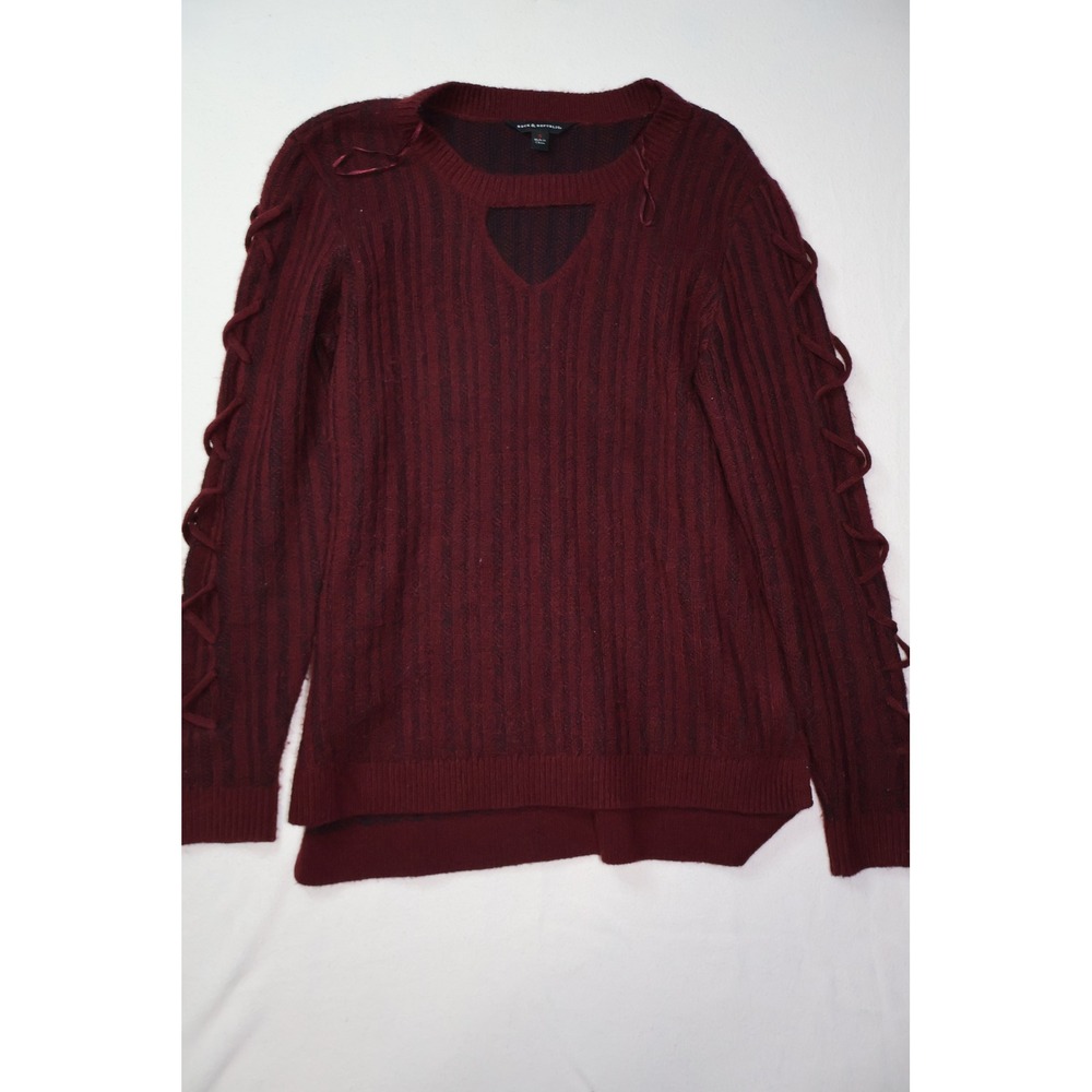 Rock & Republic Burgundy Ribbed Lace‎ Up Sleeve Cutout Sweater Small Wine Red